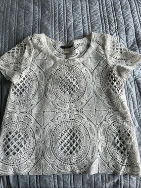 Blue Tassel for Anthropologie Lace Crochet Short Sleeve Top — White/Cream